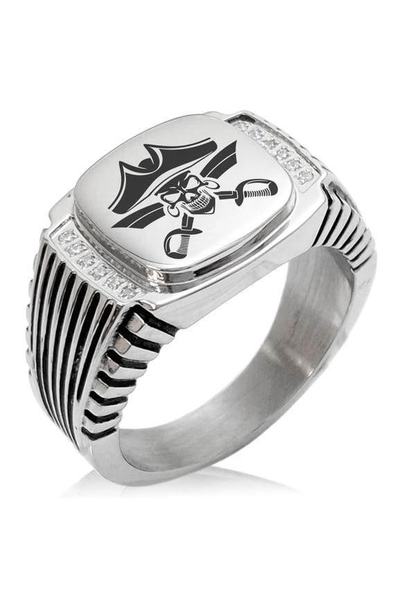 Stainless Steel Jolly Roger Skull Pirates Cross Swords CZ Ribbed Needle Stripe Pattern Biker Style Polished Ring