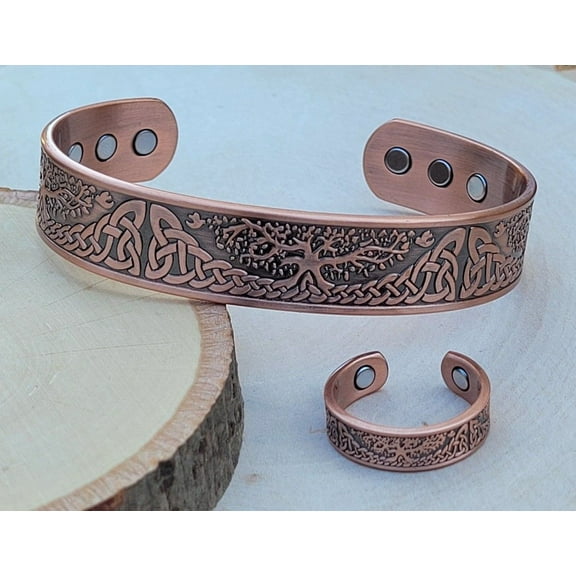 Solid Copper Magnetic Bracelet Ring Set Arthritis Cuff Bangle Ring Set Tree Of Life by MDream