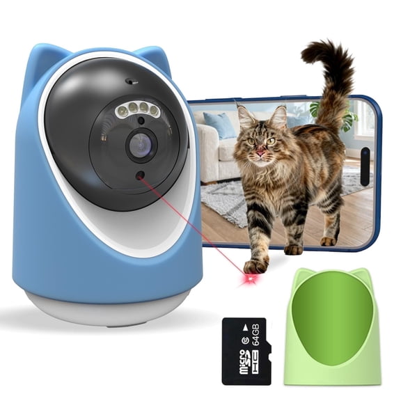 New Pet Camera（64GB SD Card）, 2K HD Indoor Cat Camera with Laser Toy, Home Security Camera with Motion Detection, 2-Way Audio, Night Vision, No Subscription Required