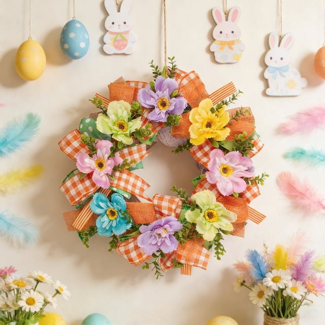 Hogar y cocina, Decoración del hogar, Cuadros colgantes, Guirnalda, Corona de Pascua para puerta de entrada con hojas verdes artificiales, flores y lazos para fiestas en interiores y exteriores, deco