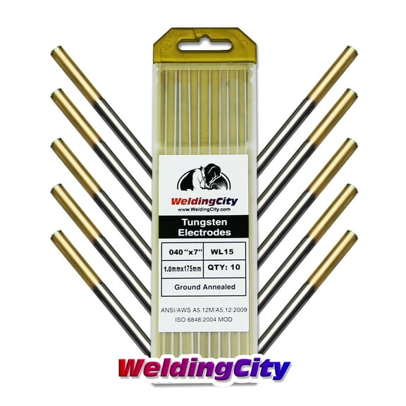 WeldingCity 10 TIG Welding Tungsten Electrodes 1.5% Lanthanated (Gold), 0.040"x7" (10Pk Box)