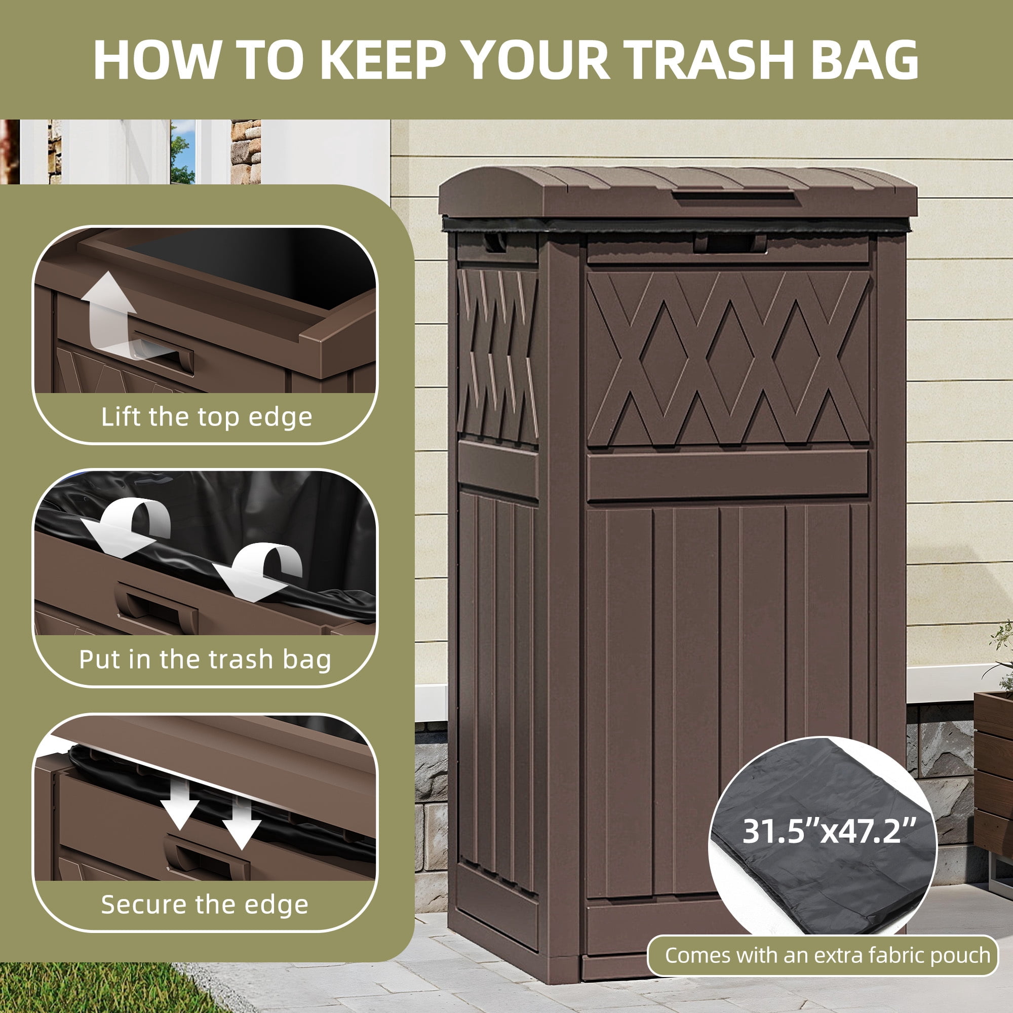 Uforic 32 Gallon Large Outdoor Trash Bin, Waterproof Garbage Can with Lid and Drip Tray for Porch, Backyard, Patio, Dark Brown