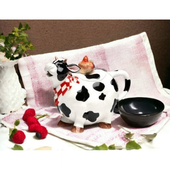 Ceramic Cow Teapot with Rooster Accent 26oz