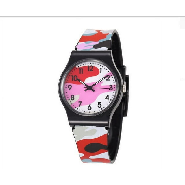 Reloj de pulsera de cuarzo con diseño de camuflaje para niños y niñas, color rojo, talla S