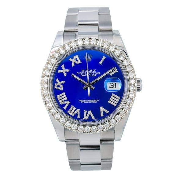Pre-Owned Rolex Datejust 41MM 116300 Blue Roman Diamond Dial Diamond Bezel Stainless Steel Oyster Bracelet 3.25ct