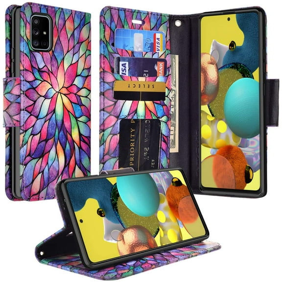 Samsung Galaxy A51 5G Case, Wrist Strap Leather Wallet Case [Kickstand] with ID & Card Slots - Rainbow Flower