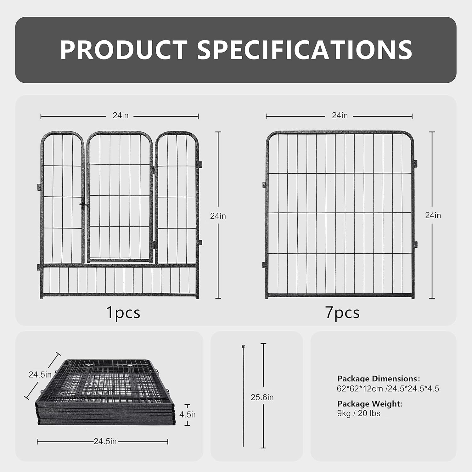 Petorldog 24" Metal Playpen, 8 Panels – Pet Fence for Indoor & Outdoor Use | Black/Silver