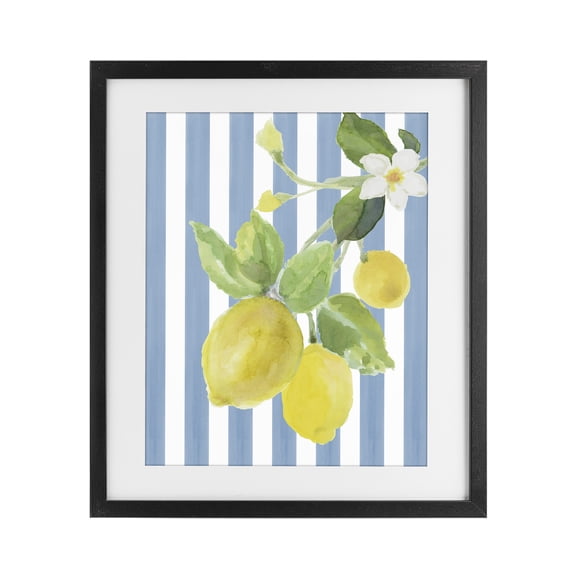 Stupell Industries Farmhouse Lemon Blossom on Blue Stripes Black Framed Print Under Glass, 13 x 16, by Lanie Loreth