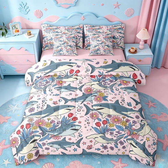 jejeloiu Cute Floral Shark Print 7 Pieces Full Size Bedding Sets For Girls,Pastel Ocean Flower Full Size Bed in a Bag,Pink Blue,Pink Reversible