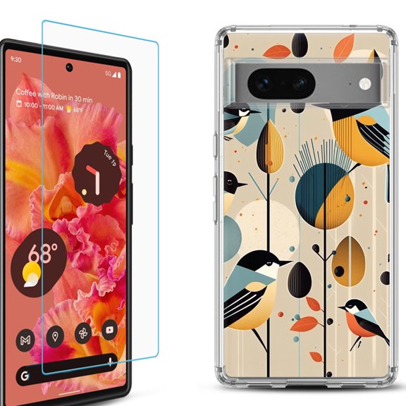 OneToughShield ® for Google Pixel 7a Shockproof Bumper Phone Case, with Tempered Glass Screen Protector - Bird Cardinal