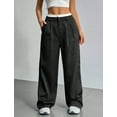 thumbnail image 2 of IWEMEK Black Pants for Women Striped Loose Straight Leg Pants Semi Formal Office Long Trousers with Pockets Size M, 2 of 7