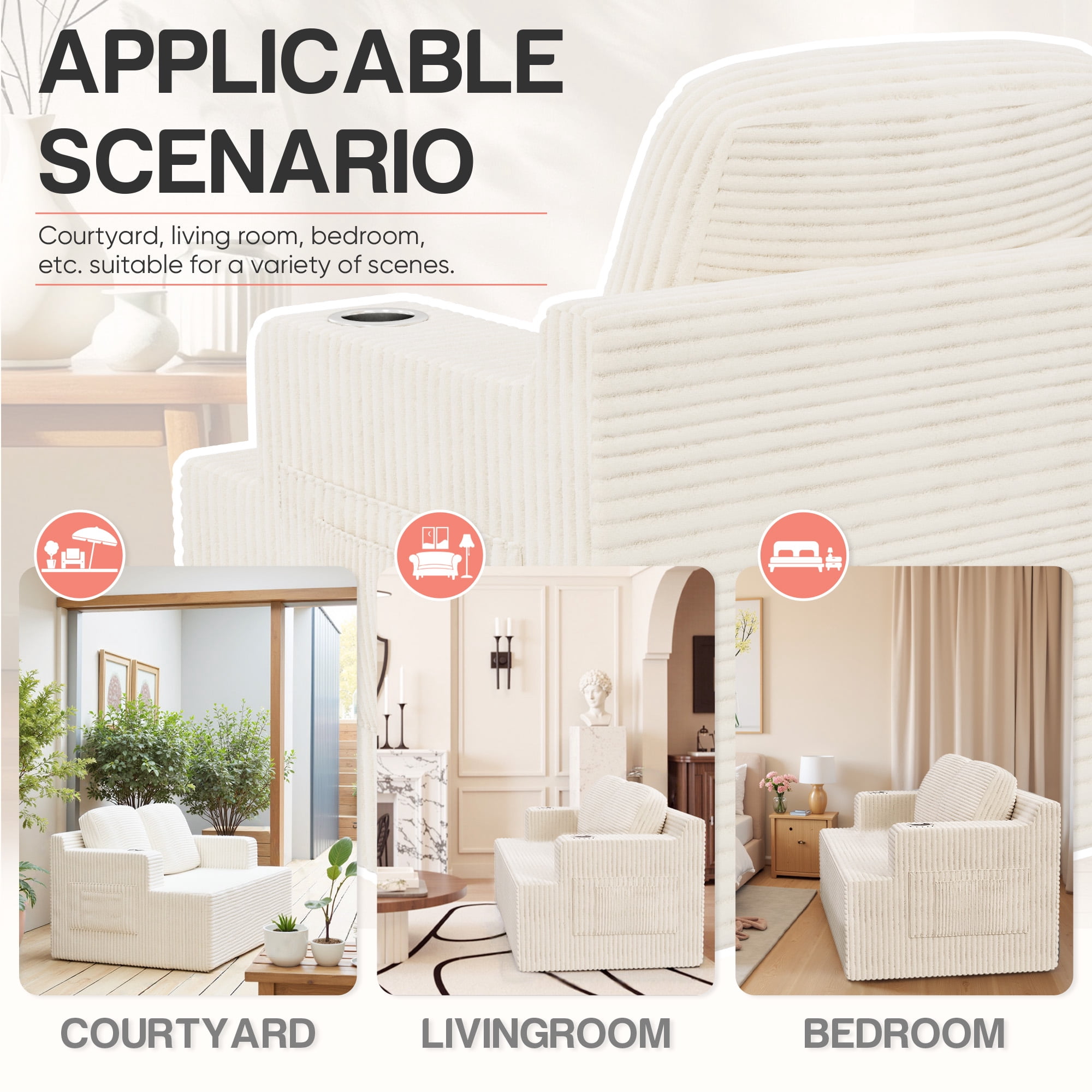 Homall Cloud Boneless Corduroy Sofa Loveseat Double-seater Couch Lounge Floor Chair for Bedroom,White