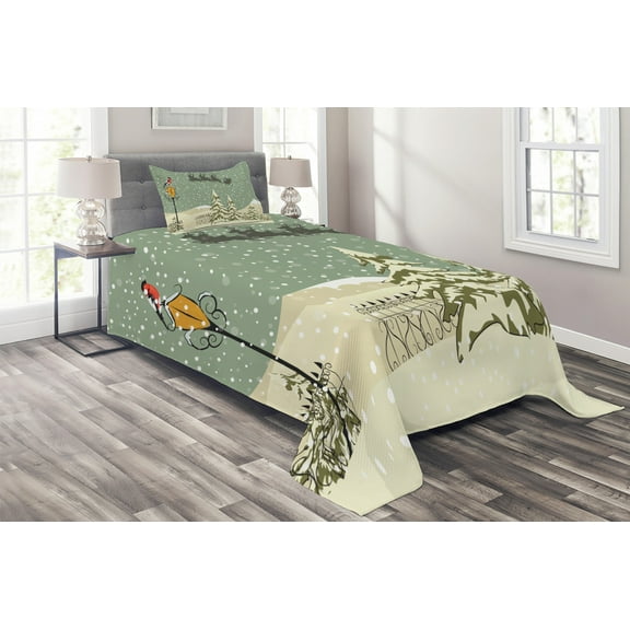 Ambesonne Christmas Quilted Coverlet 2 Pcs, Santa Claus Reindeer, Twin Size, Beige Green White