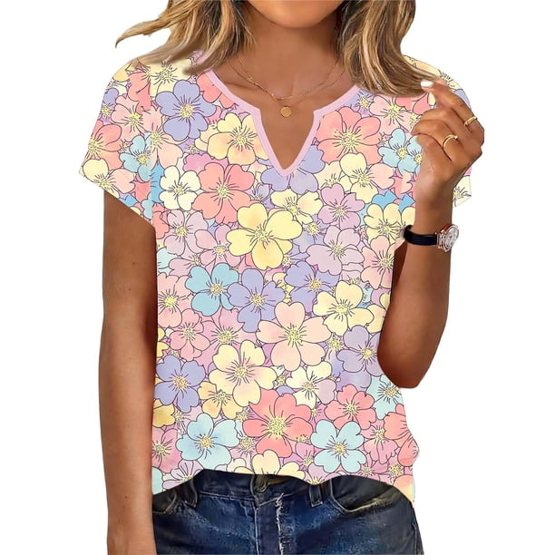 Camiseta de Manga Corta de Verano para Mujeres Moda Cuello en V Casual Color Sólido Poliéster Uso Diario