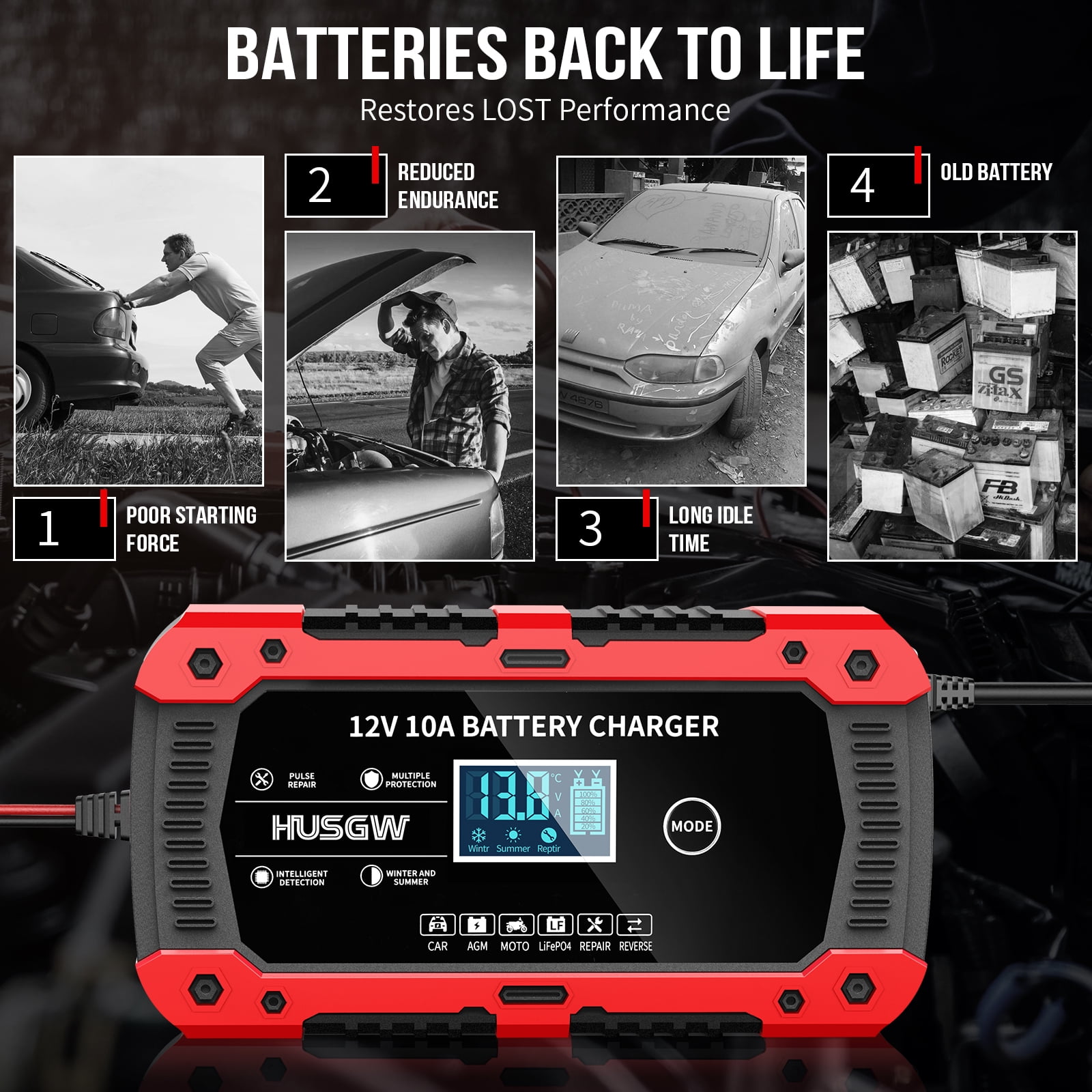 HUSGW Battery Charger 10-Amp 12V Fully-Automatic Smart Car Battery Charger, Battery Maintainer Trickle Charger, Compatible with Lead-Acid & LiFePO4  Iron Batteries，AGM, STD, Gel, Deep Cycle Batteries