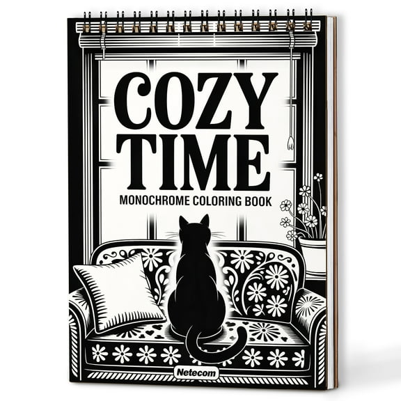Cozy Time Monochrome Coloring Book Spiral Bound for Adults, A5 Wooden Cover, Relaxing One-Color Illustrations with Pets, Daily Activities and Peaceful Home Scenes for Mindfulness