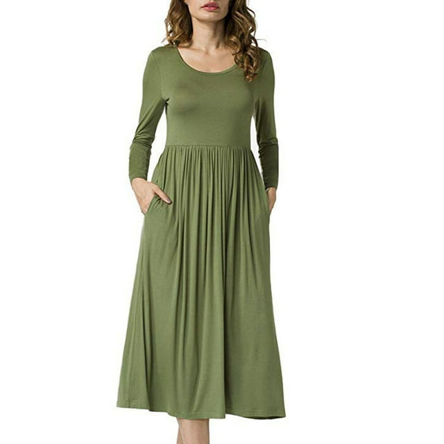 Vestido plisado de manga larga, vestido de manga larga, redondo, manga larga, vestidos fluidos para mujer, vestido hasta la rodilla con cuello redondo Características mejoradas