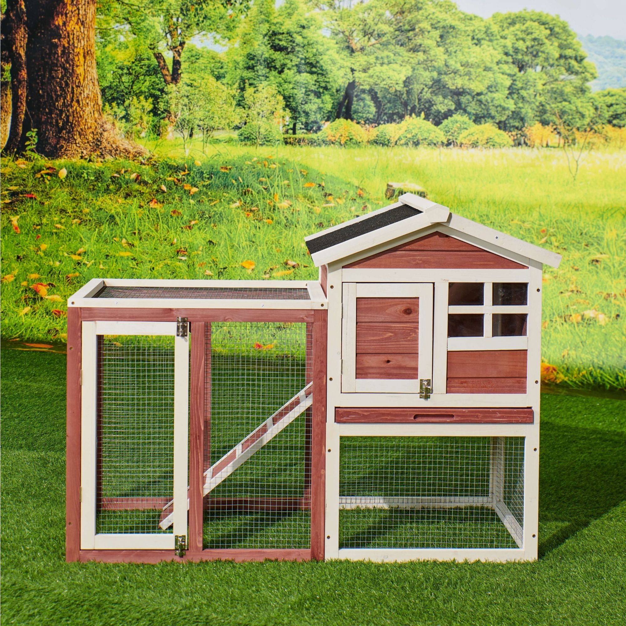 Kepooman 2-Tier Wooden Bunny Cage with Removable Tray, 48" Rabbit Hutch Pet House with Ramp, Auburn & White