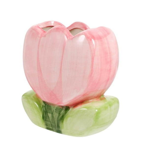 Tulip Shaped Makeup Brush Holder, Boriyuan Small Cute Pen Holder for Office Desk Accessories, Ceramic Vase Storage Stand Desktop Storage Box for Brush, Pencil, Art Supplies, Painting Brush (Pink)