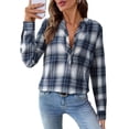 thumbnail image 2 of Women'S V Neck Plaid Shirts Dressy Casual Button-Down Business Work Boho Tops Long Sleeve Fall Outfits Navy Blue S, 2 of 9