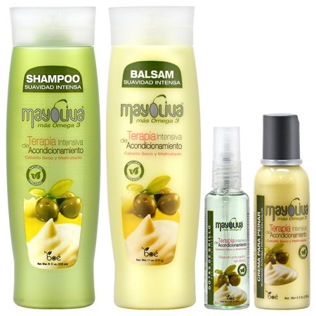 BOE Mayoliva Mas Omega 3 Shampoo 11oz + Balsam(Rinse) 11oz + Gotas de Brillo 2oz + Crema Pera Peinar 4.2oz