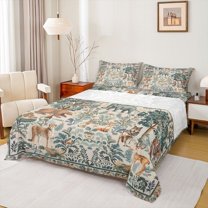 Feelyou Wildlife Leopard Wolf Queen Sheet Sets, Hippie Jungle Animal Flat Sheet, Bohemian Tree Plant Queen Fitted Sheet, Microfiber Bedroom Decor, 4pcs