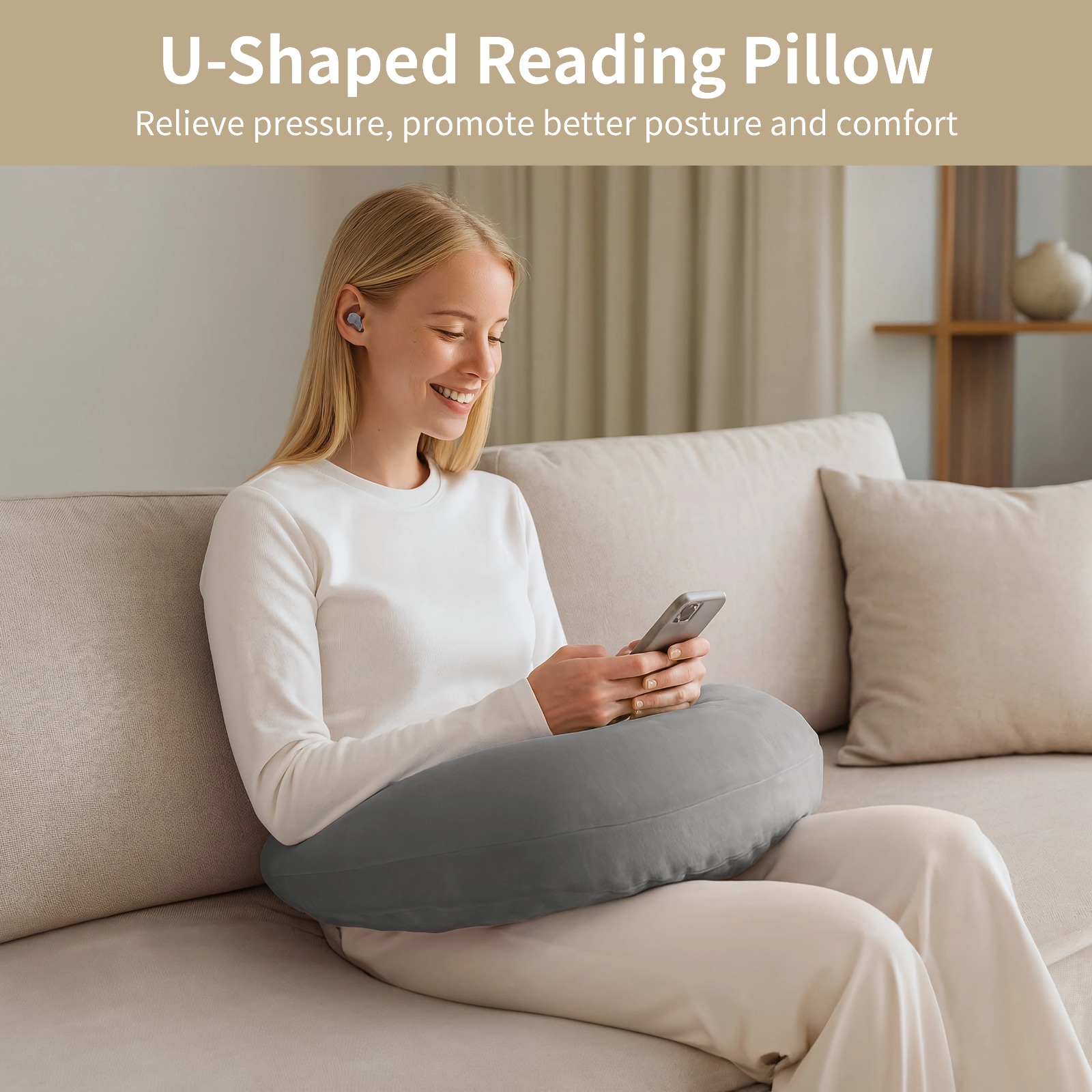 Gray U-Shaped Reading Pillow, 23.6" x 21.7" Lap Support Pillow with Adjustable Strap, Crescent Design, PP Cotton Filling, Reading, Gaming, Arm, Back Support
