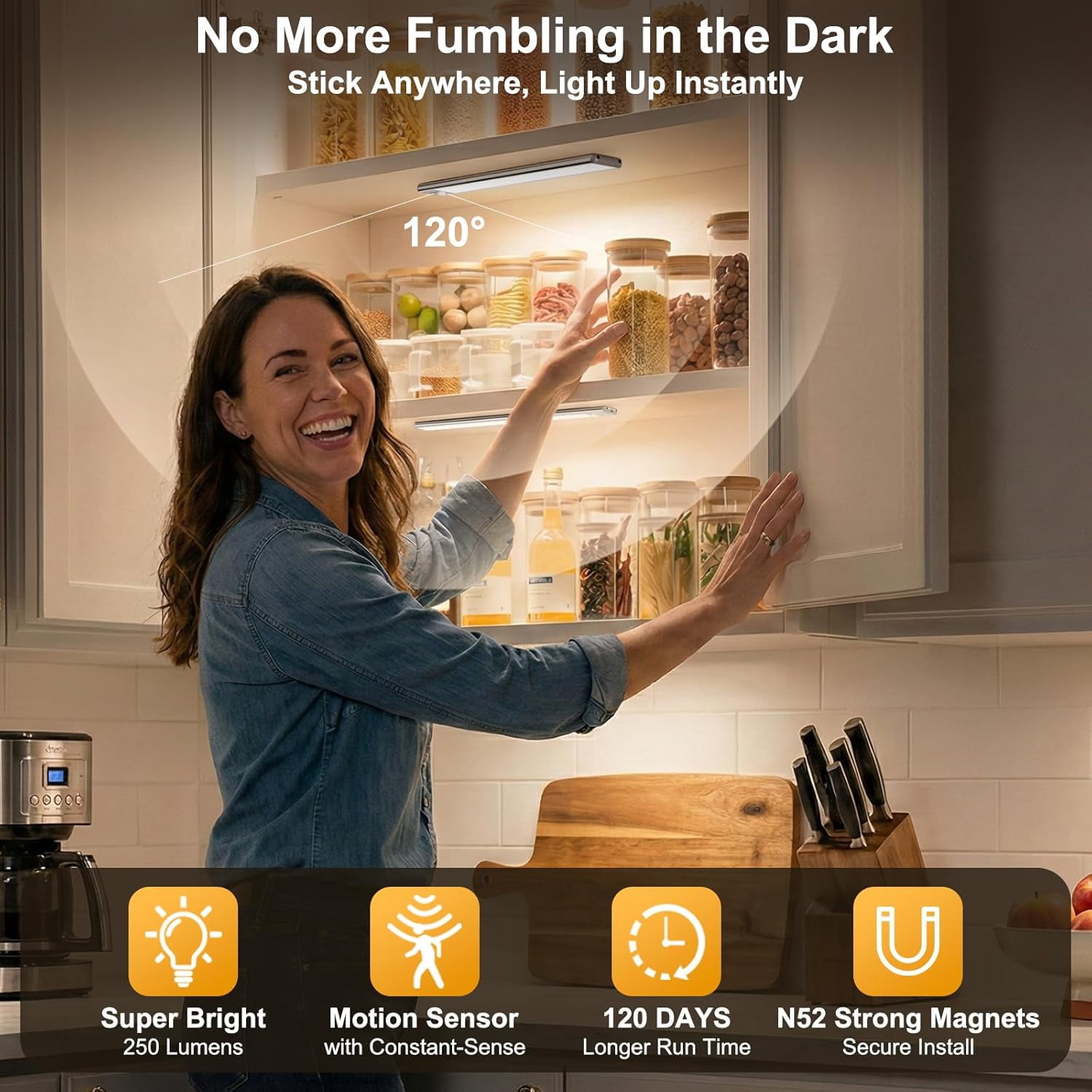 Motion Sensor Light Indoor, 80 LED Under Cabinet Lighting Battery Operated with 3 Color Temps, 1800mAh Recharable Closet Lights Wireless for Kitchen, Pantry, Stair (2 Pack)