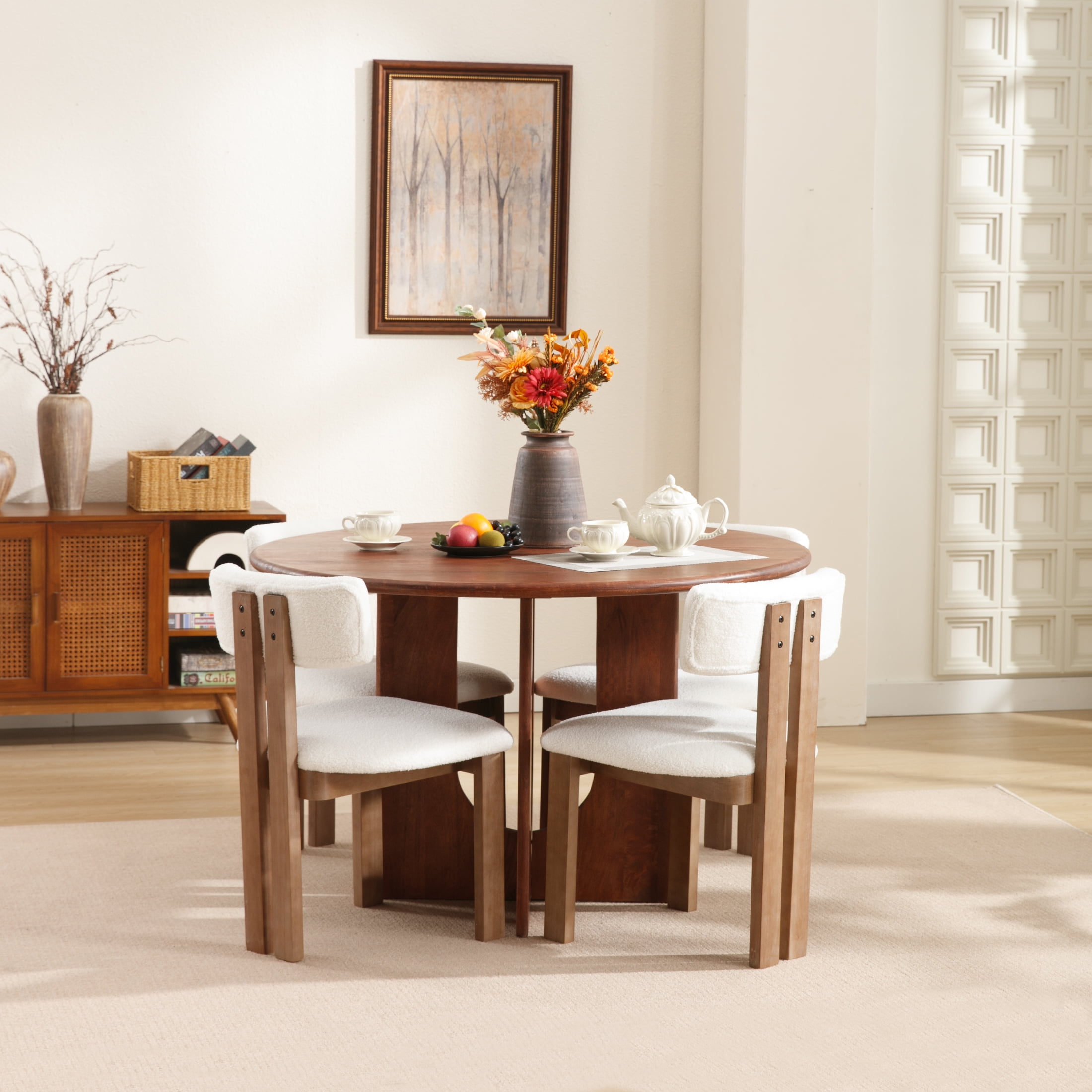 Guyou Wooden Dining Chairs Set of 2, Mid Century Modern Sherpa Upholstered Dining Side Chairs, Farmhouse Kitchen Chairs with Curved Back for Kitchen Dining Room Living Room, White