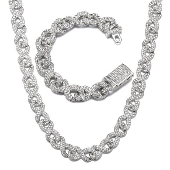 FEEL STYLE Male Zircon Ouroboros Cuban Chain Necklace Bracelet Set for Men Women 15MM 18"