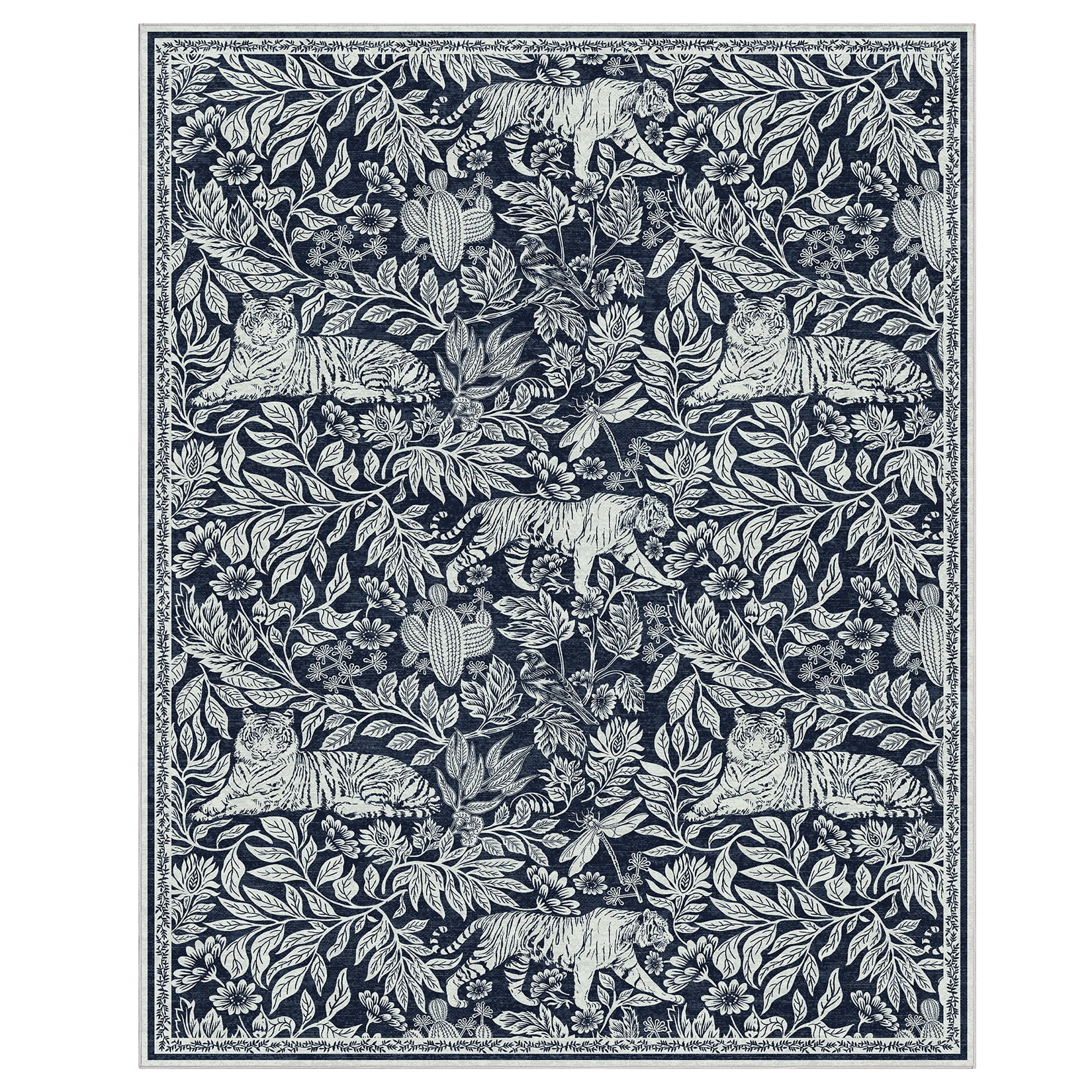 GlowSol 8'x10' Area Rug Forest Tiger Print Area Rugs Living Room Low Pile Non-Slip Soft Foldable Accent Carpet for Bedroom, Dark Blue