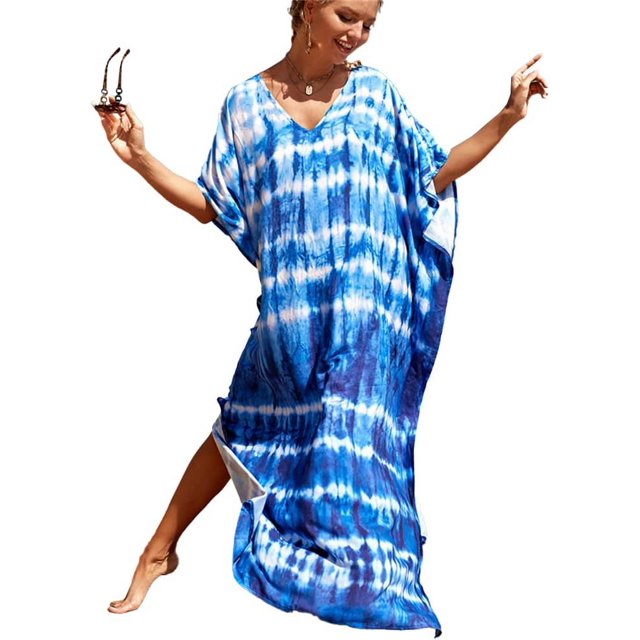 LinYooLi Robe de Plage pour Femmes, Longue Blouse Imprimée, Grande Taille, Robe de Bikini, Robe de Vacances