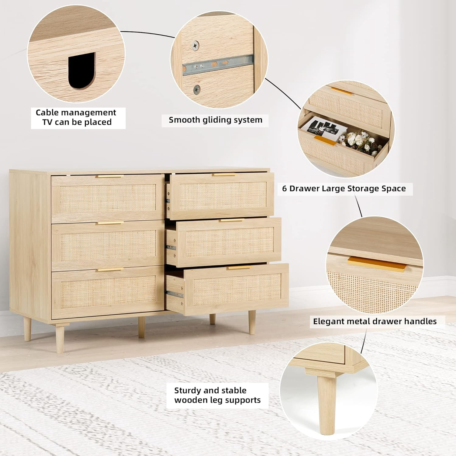 LAZZO 6-Drawer Rattan Dresser, Modern Chest of Drawers, Wooden Storage Organizer for Bedroom, Living Room & Hallway, Natural Wood Color