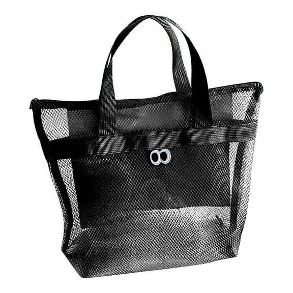 SLYNSHome Mesh Beach Bag Large Tote Bags with Pockets Sand Free Foldable Lightweight Storage Toys Basket for Pool Beach & Vacation (Black)