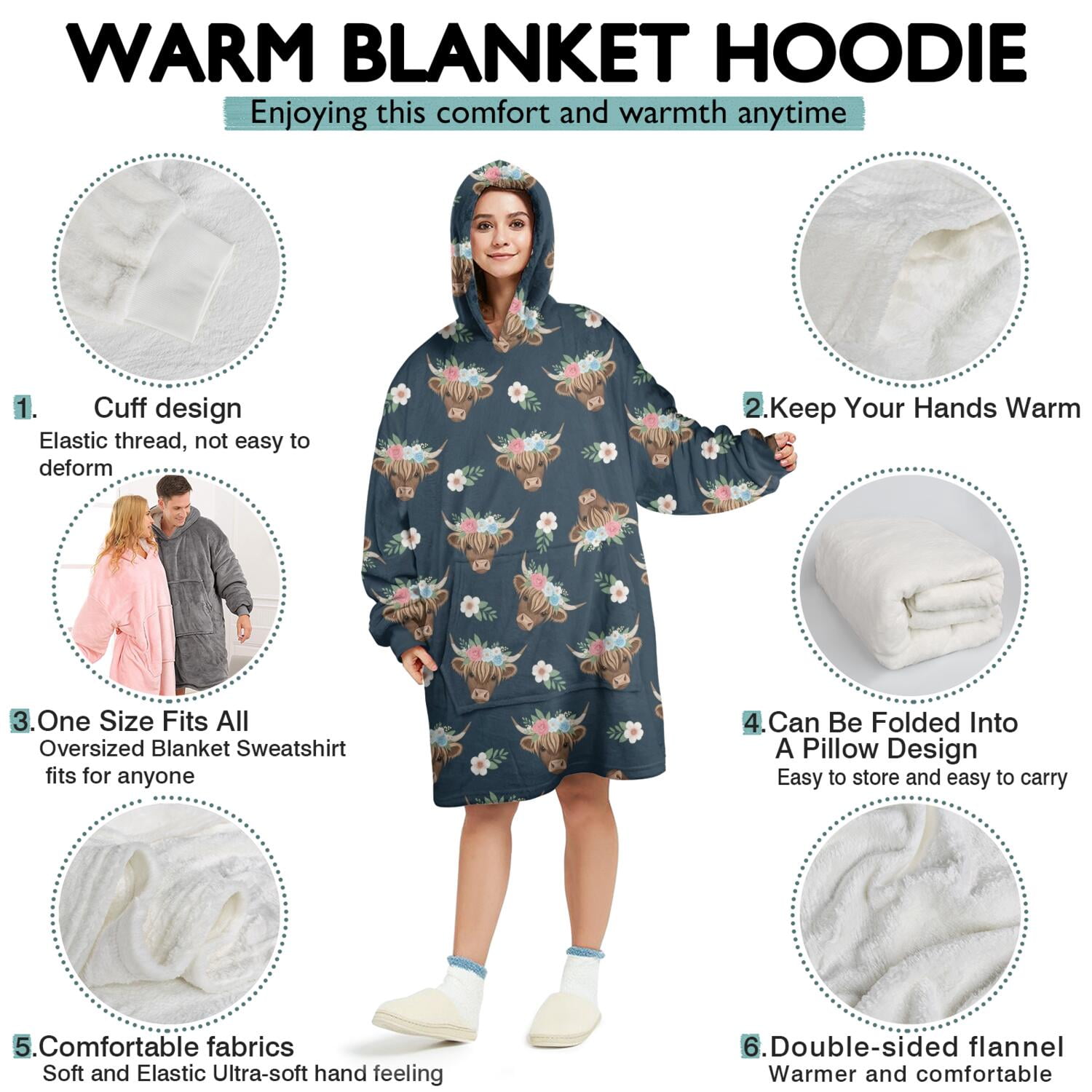 Blue Highland Cow Flower Pattern Wearable Oversized Blanket,Wearable Blanket Hoodie for Adults,Cozy Hooded Blankets with Super Pockets,Super Warm Fuzzy Pullover for Women & Men