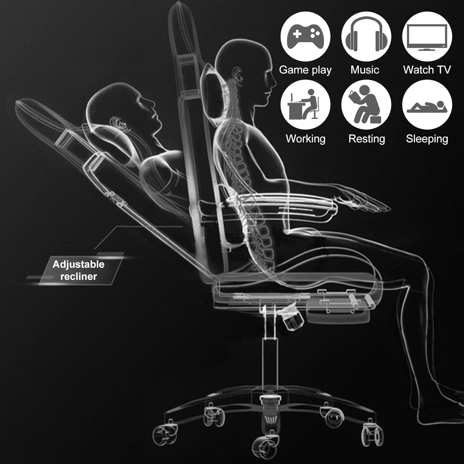 Gaming Chair with Bluetooth Speakers and Led Lights, Massage Gamer Chair with Footrest High Back and Lumbar Support, Ergonomic Height Adjustable Video Game Chairs Recliner for Adults (Black Red)