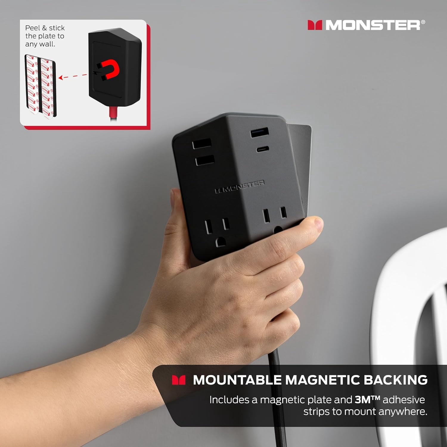 Monster Power Shield Magnetic Wall Outlet Extender, 2 AC Outlets, 3 USB-A & 1 USB-C Port (20W)