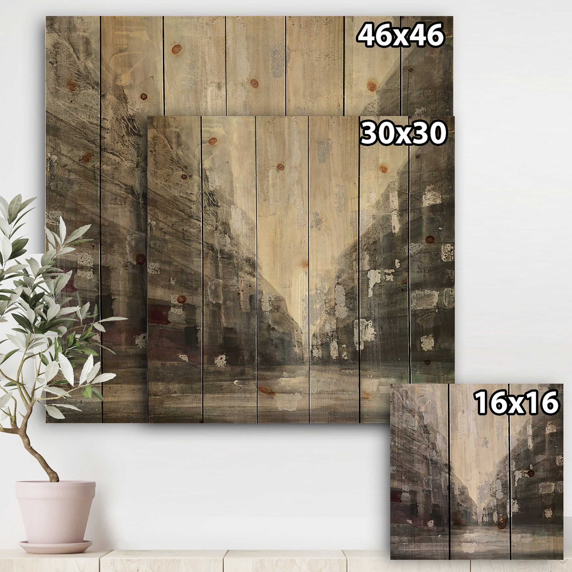 Designart 'Black and White Handpainted Cityscape' Traditional Print on Natural Pine Wood