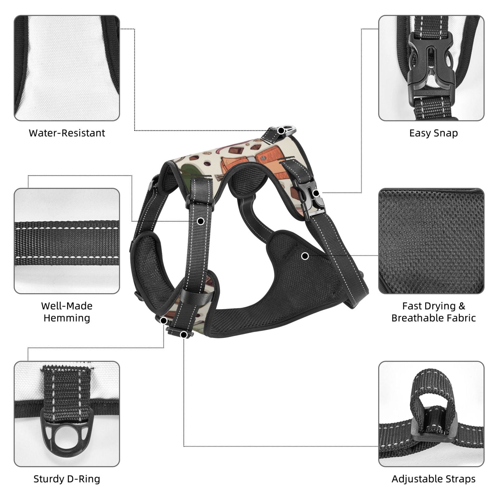 Fuzoiu Vintage Coffee Print Reflective Dog Harness,Adjustable, Breathable Pet Vest,Dog Harness No Pull,No Choke Pet Vest for Small, Medium, and Large Dogs-Large