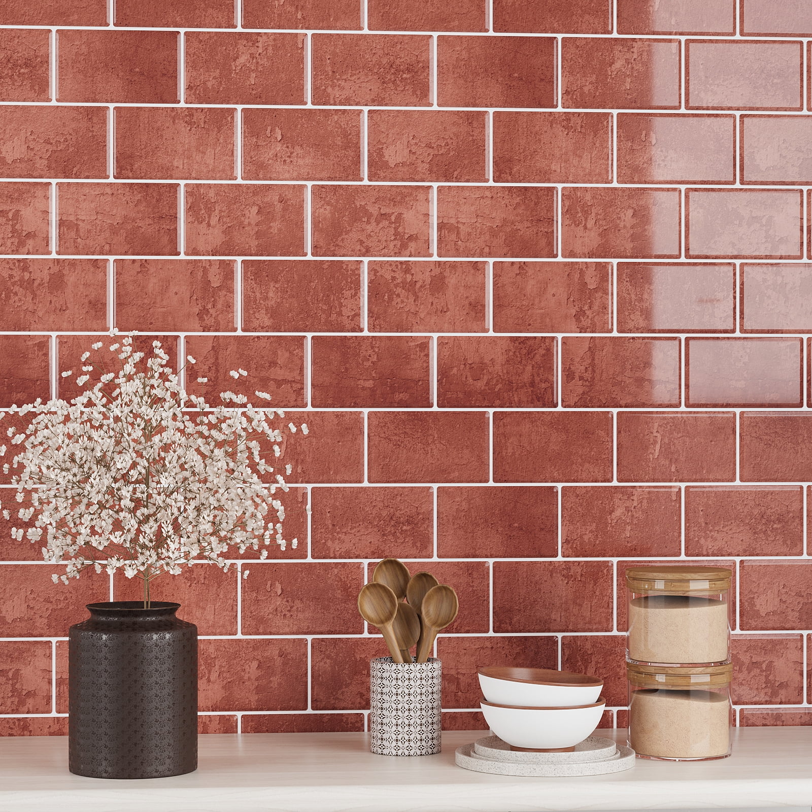 VEELIKE Retro Brick Peel and Stick Tiles Backsplash for Bathroom 12"x12" Glossy Terracotta Subway Tile Peel and Stick Backsplash for Kitchen Waterproof Self Adhesive Vinyl Wall Panels 6 Sheets