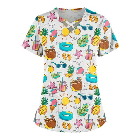 

QWANG Plus Size Cute Printed Scrub Working Uniform Tops for Women Cross V-Neck Short Sleeve Fun T-Shirts Workwear Tee with Double Pockets