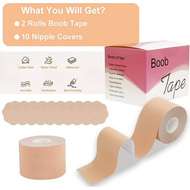 Boob Tape (2 Rolls) and 10pcs Petals Nipple Protective Cover Set, Chest Tape  Breathable Breast Lift Tape Athletic Tape with Breast Petals Disposable  Adhesive Bra for A-E Cup Large Breast 