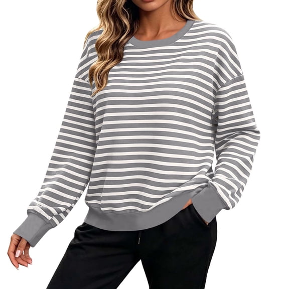 Tusihei Women Long Sleeve Crewneck Oversized Striped Sweater Casual Loose Fit Pullover Tops Comfortable Fashion Shirts for Women Daily Wear, Gray L