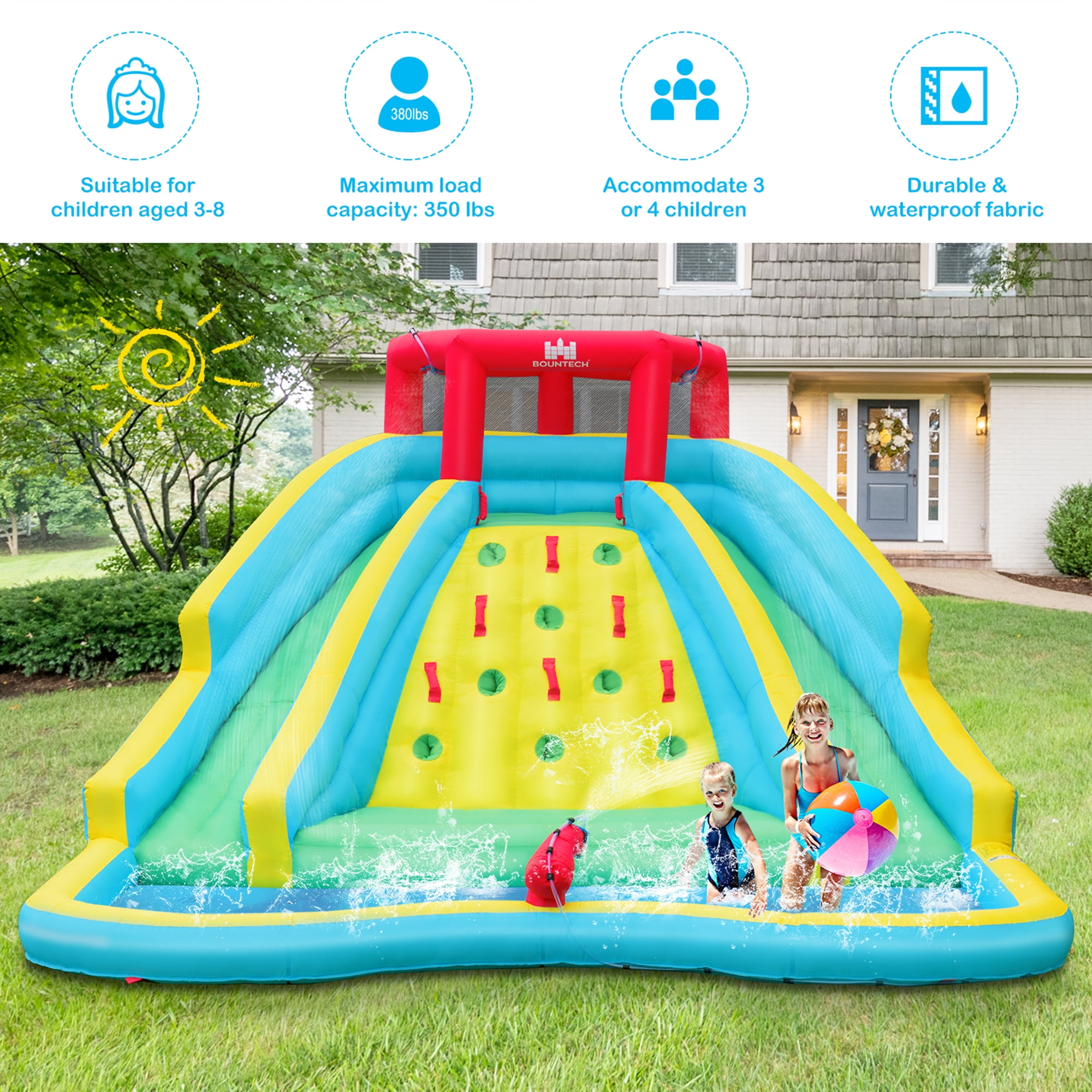 Gymax Inflatable Mighty Water Park Bouncy Splash Pool Climbing Wall w/ 735W Blower