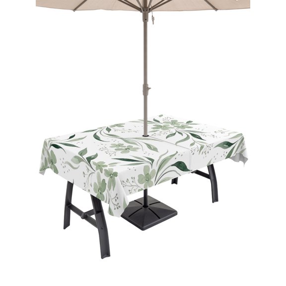 60x120 Inch Outdoor Tablecloth with Umbrella Hole Zipper Rectangle Spring Botanical Rectangular Tablecloths Outside Waterproof Watercolor Floral Leaves Sage Green Patio Table Cloth Cover for Picnic