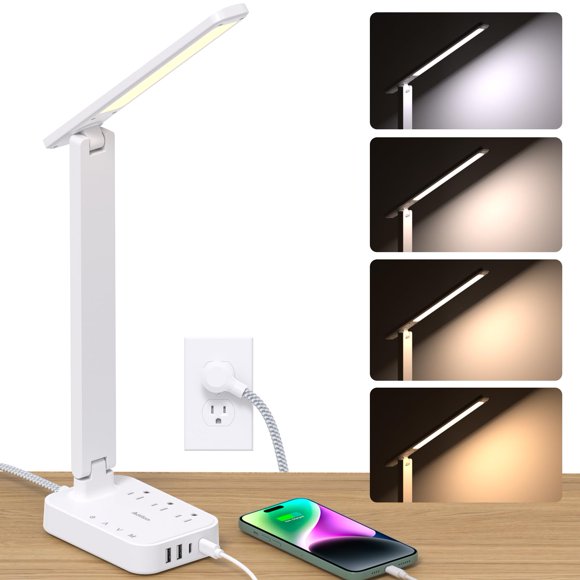 Lámpara LED de escritorio Addtam Power Strip, 3 salidas y 4 puertos USB, color blanco