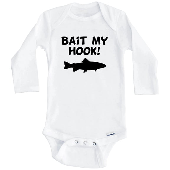 Bait My Hook Funny Fishing One Piece Baby Bodysuit (Long Sleeve), 0-3 Months White