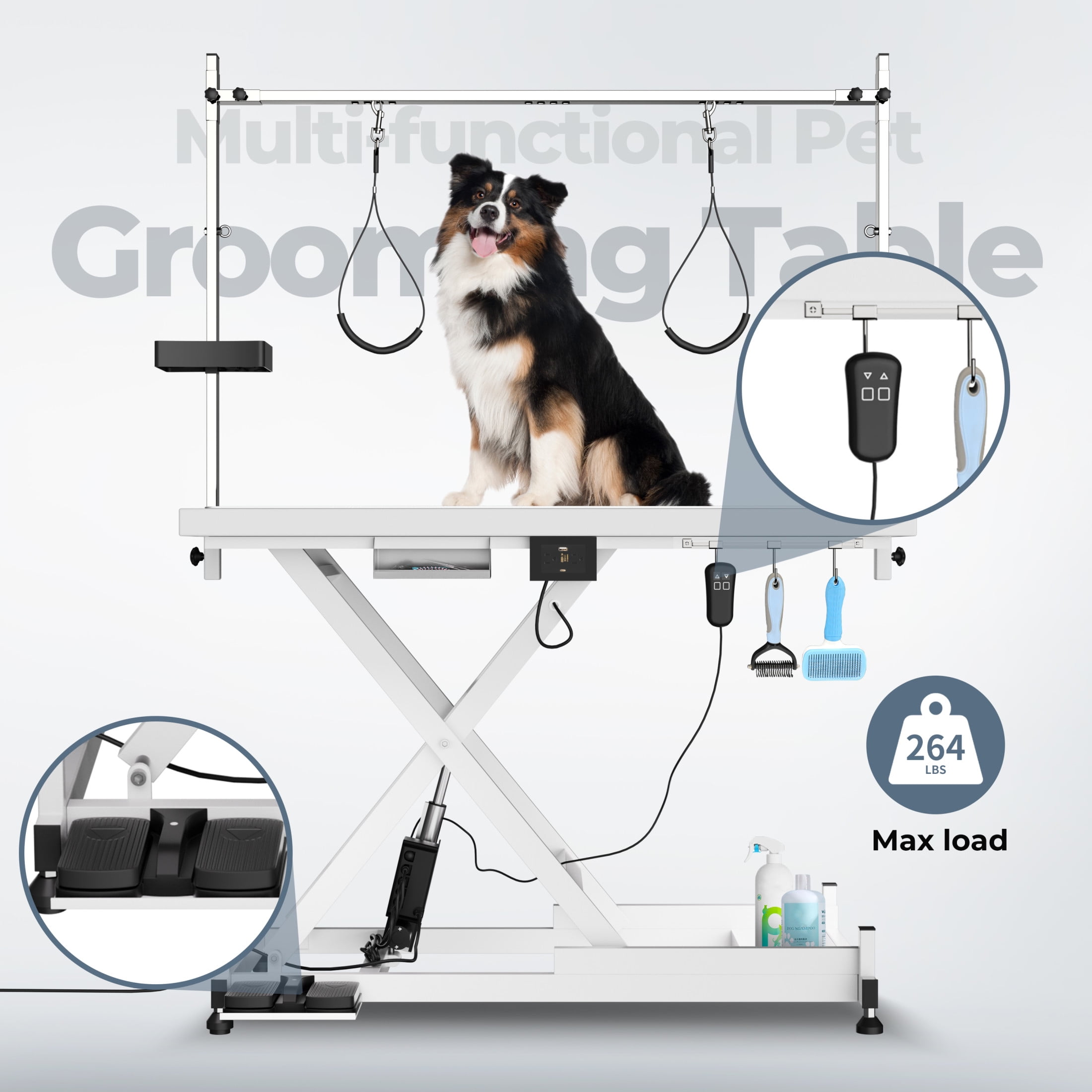 Noble House Professional Electric Pet Grooming Table, Height Adjustable, Heavy Duty Lift Table with Double Arms, White