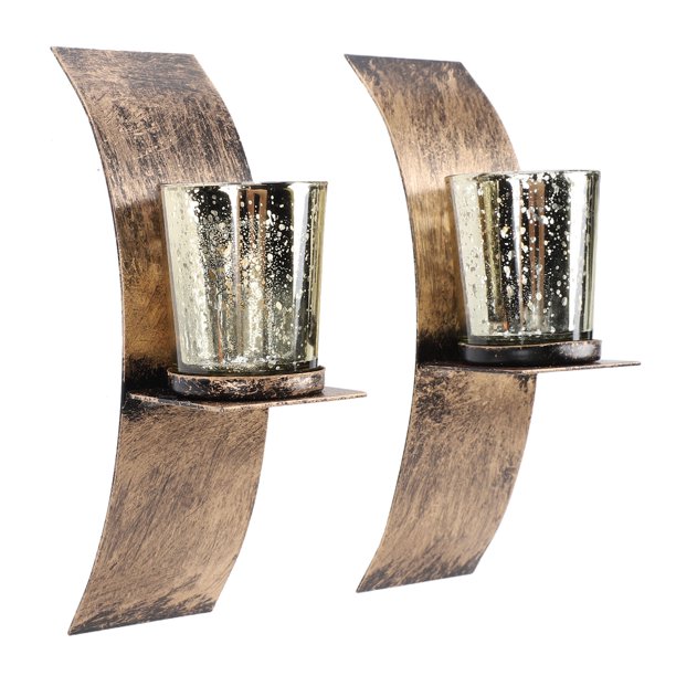 Portavelas De Pared De Metal Rústico Con Vela De Cristal, Apliques De Vela Montados En La Pared De Bronce Dorado Cepillado Para Entrada De Pasillo