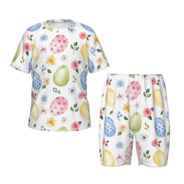 Balery Easter Egg3 Conjunto de Pijama Infantil de Manga Corta con Estampado – Ropa de Dormir de Algodón Suave-Small